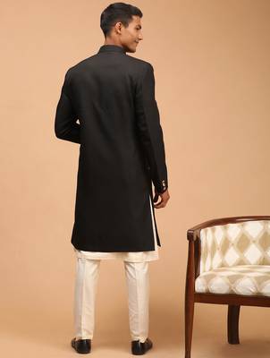 black platinum sherwani with cream kurta & pyjama 3-piece wedding set | formal ethnic 3