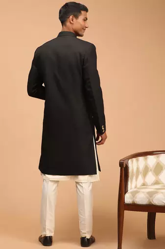black platinum sherwani with cream kurta & pyjama 3-piece wedding set | formal ethnic