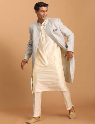 grey imported jacquard sherwani with cream kurta pyjama 3-piece indo-western set 1