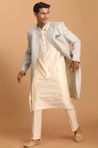 grey imported jacquard sherwani with cream kurta pyjama 3-piece indo-western set