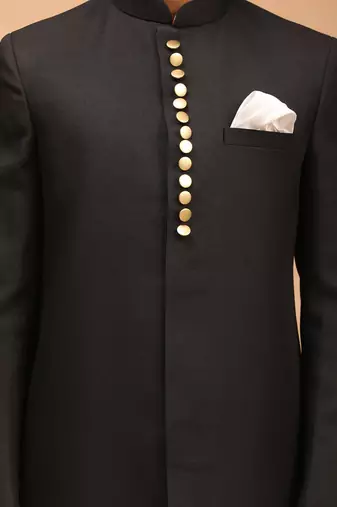 black platinum sherwani with cream kurta & pyjama 3-piece wedding set | formal ethnic