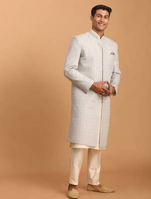 grey imported jacquard sherwani with cream kurta pyjama 3-piece indo-western set 2