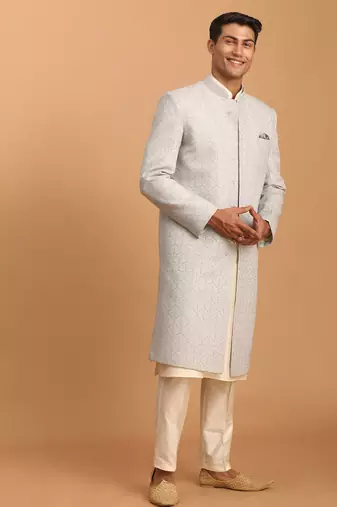 grey imported jacquard sherwani with cream kurta pyjama 3-piece indo-western set