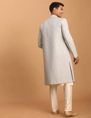 grey imported jacquard sherwani with cream kurta pyjama 3-piece indo-western set 3