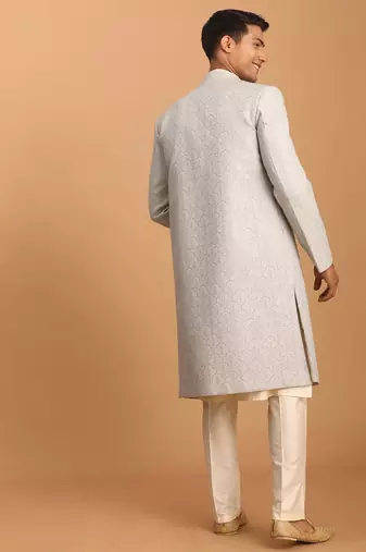 grey imported jacquard sherwani with cream kurta pyjama 3-piece indo-western set