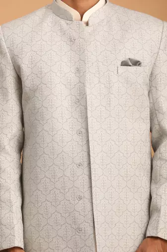 grey imported jacquard sherwani with cream kurta pyjama 3-piece indo-western set
