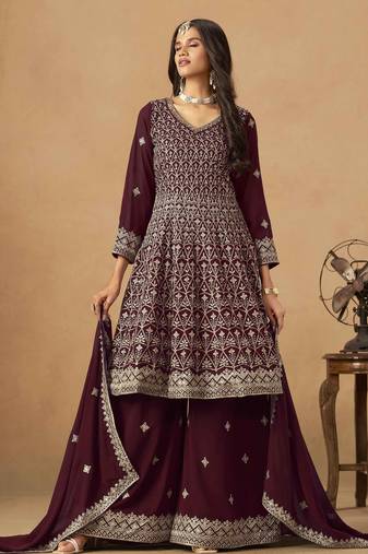 Maroon faux georgette heavy thread embroidery with sequins work palazzo suit