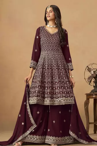 Maroon faux georgette heavy thread embroidery with sequins work palazzo suit