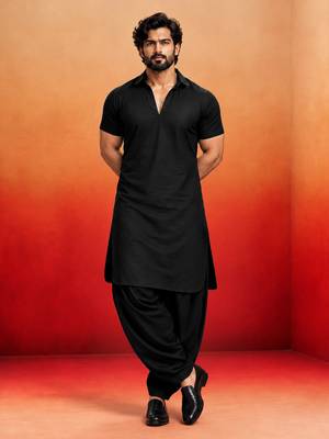 black solid cotton silk shirt collar short sleeve kurta with black silk blend patiala | festive party set 1