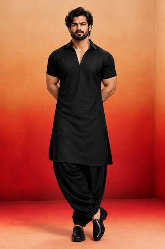 black solid cotton silk shirt collar short sleeve kurta with black silk blend patiala | festive party set