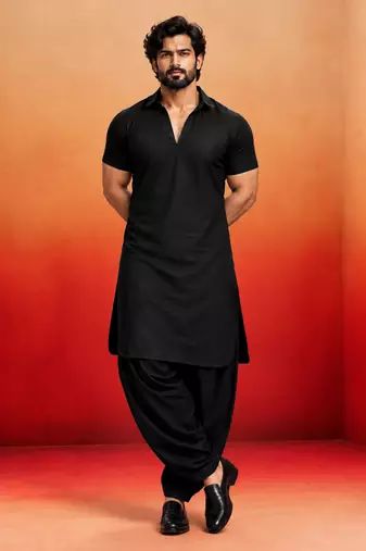 black solid cotton silk shirt collar short sleeve kurta with black silk blend patiala | festive party set