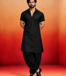 black solid cotton silk shirt collar short sleeve kurta with black silk blend patiala | festive party set