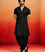 black solid cotton silk shirt collar short sleeve kurta with black silk blend patiala | festive party set