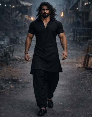 black solid cotton silk shirt collar short sleeve kurta with black silk blend patiala | festive party set 1