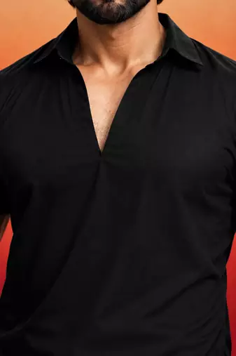 black solid cotton silk shirt collar short sleeve kurta with black silk blend patiala | festive party set