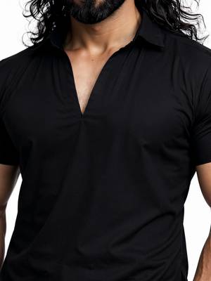 black solid cotton silk shirt collar short sleeve kurta with black silk blend patiala | festive party set 2