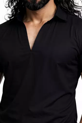 black solid cotton silk shirt collar short sleeve kurta with black silk blend patiala | festive party set