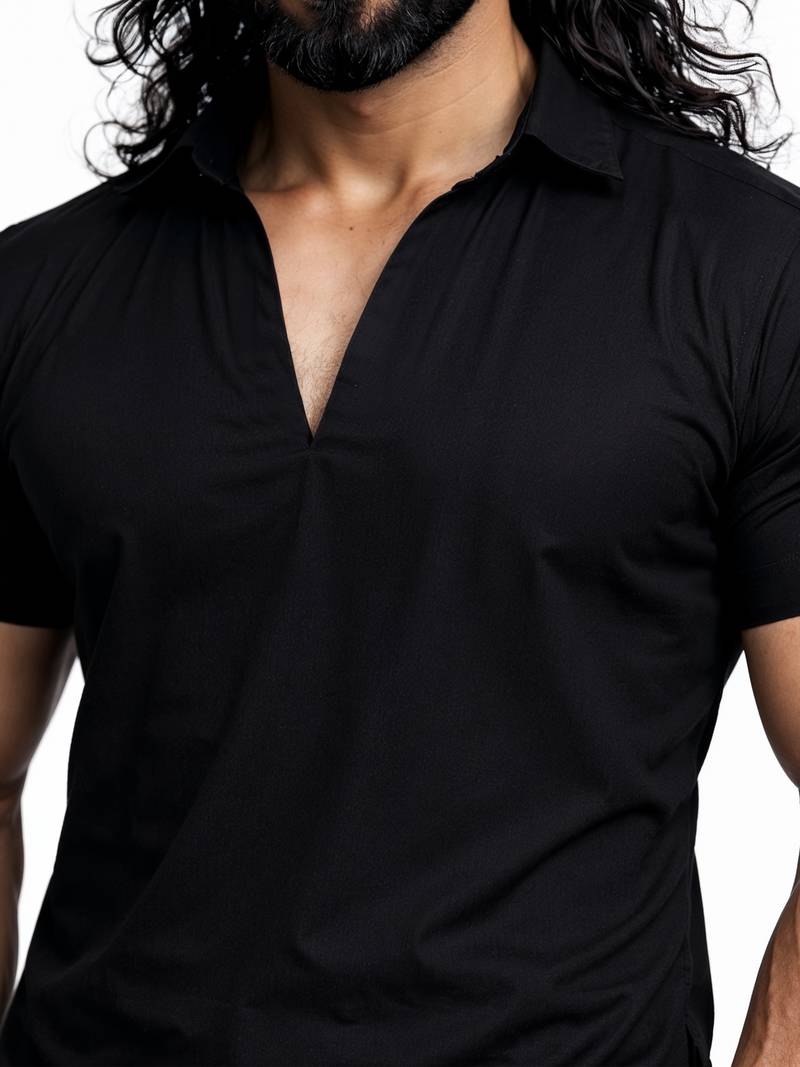 black solid cotton silk shirt collar short sleeve kurta with black silk blend patiala | festive party set