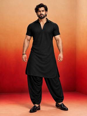 black solid cotton silk shirt collar short sleeve kurta with black silk blend patiala | festive party set 3