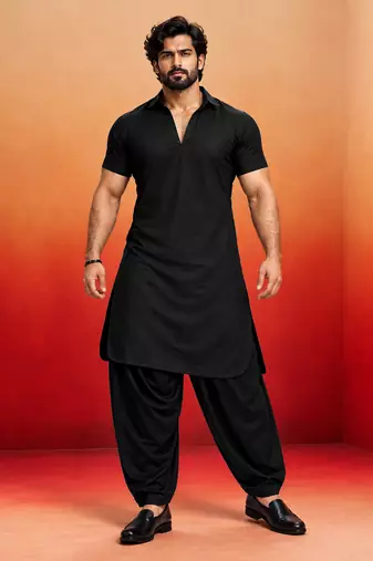 black solid cotton silk shirt collar short sleeve kurta with black silk blend patiala | festive party set