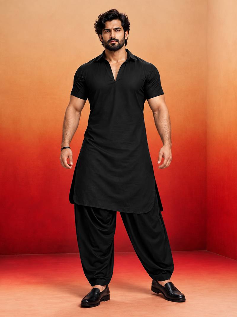 black solid cotton silk shirt collar short sleeve kurta with black silk blend patiala | festive party set