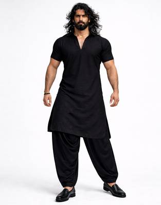 black solid cotton silk shirt collar short sleeve kurta with black silk blend patiala | festive party set 3