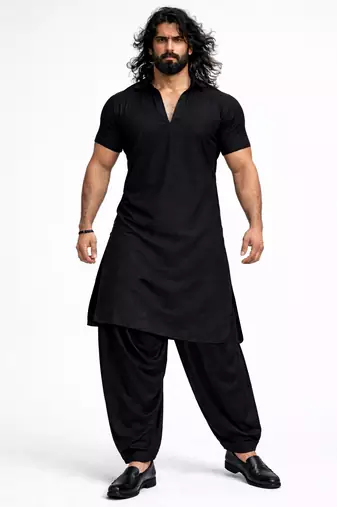 black solid cotton silk shirt collar short sleeve kurta with black silk blend patiala | festive party set
