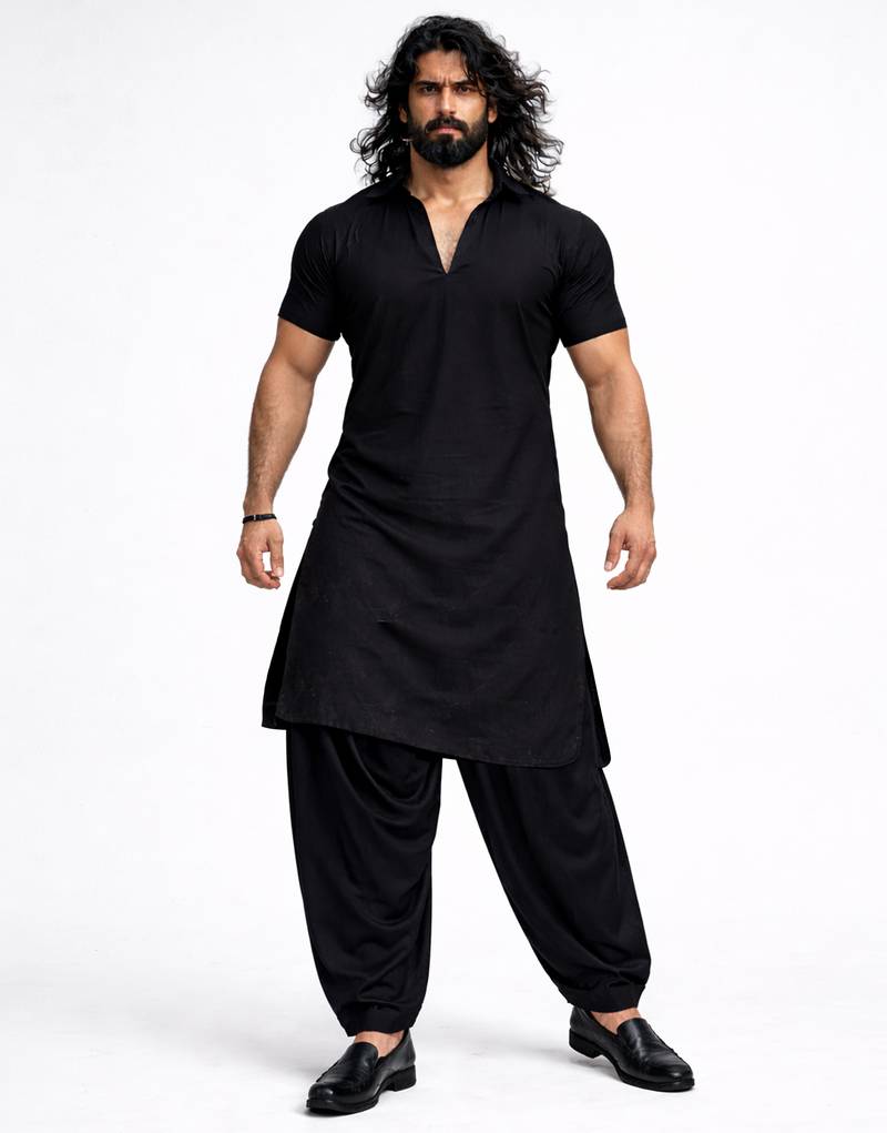 black solid cotton silk shirt collar short sleeve kurta with black silk blend patiala | festive party set