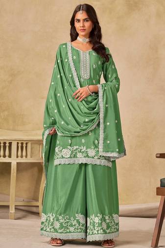 Green chinon heavy thread embroidery work palazzo suit