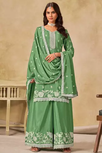 Green chinon heavy thread embroidery work palazzo suit