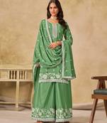 Green chinon heavy thread embroidery work palazzo suit