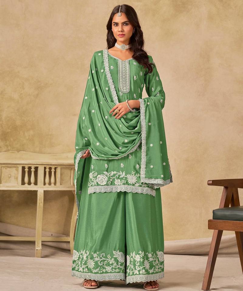 Green chinon heavy thread embroidery work palazzo suit