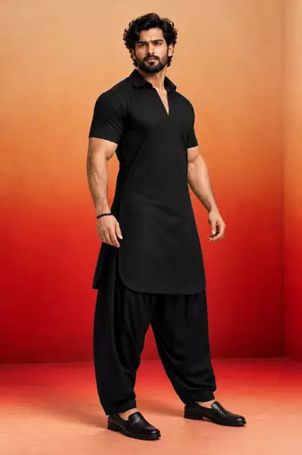 black solid cotton silk shirt collar short sleeve kurta with black silk blend patiala | festive party set