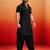 black solid cotton silk shirt collar short sleeve kurta with black silk blend patiala | festive party set
