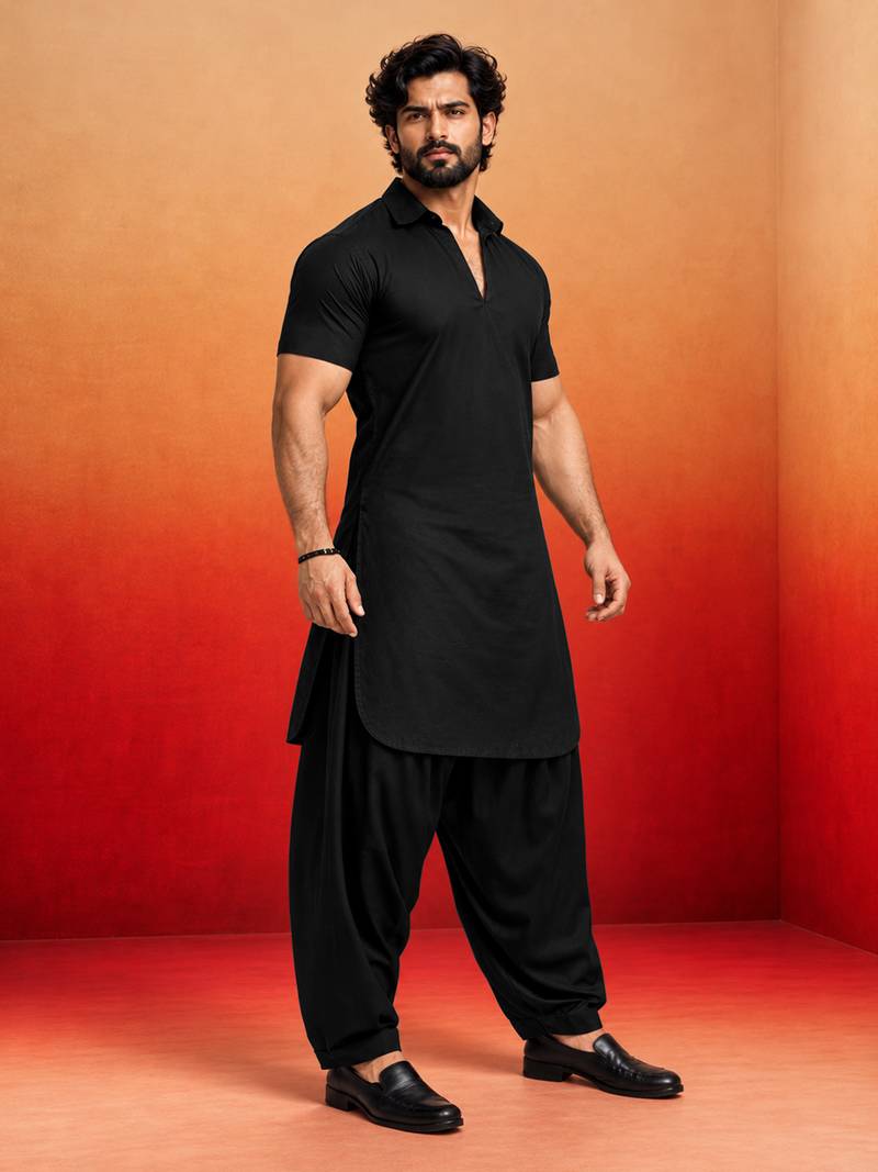 black solid cotton silk shirt collar short sleeve kurta with black silk blend patiala | festive party set