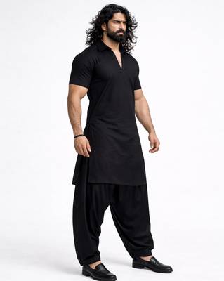 black solid cotton silk shirt collar short sleeve kurta with black silk blend patiala | festive party set 4