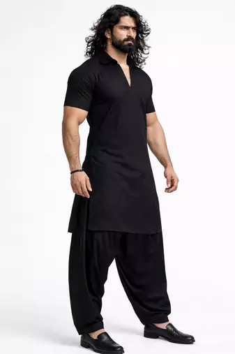 black solid cotton silk shirt collar short sleeve kurta with black silk blend patiala | festive party set