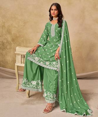 Green chinon heavy thread embroidery work palazzo suit 2