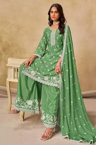 Green chinon heavy thread embroidery work palazzo suit