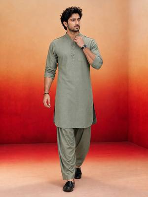 mint green swiss slub cotton pathani kurta with mint green silk blend patiala | eid festive set 1