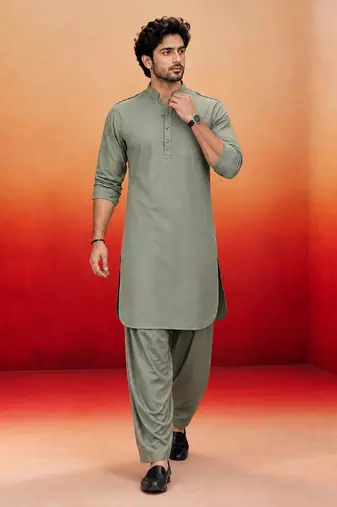 mint green swiss slub cotton pathani kurta with mint green silk blend patiala | eid festive set