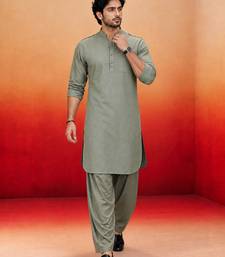 mint green swiss slub cotton pathani kurta with mint green silk blend patiala | eid festive set