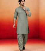 mint green swiss slub cotton pathani kurta with mint green silk blend patiala | eid festive set