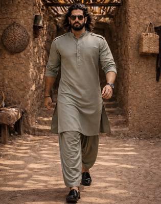 mint green swiss slub cotton pathani kurta with mint green silk blend patiala | eid festive set 1