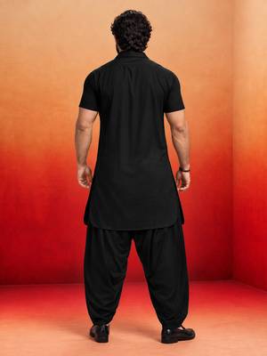 black solid cotton silk shirt collar short sleeve kurta with black silk blend patiala | festive party set 5