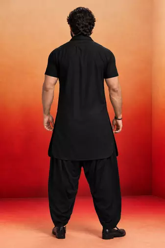 black solid cotton silk shirt collar short sleeve kurta with black silk blend patiala | festive party set
