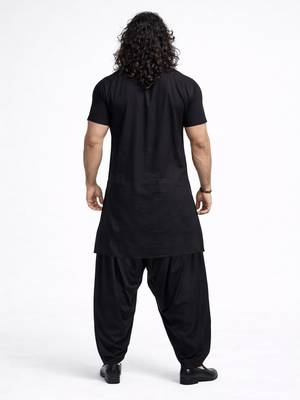black solid cotton silk shirt collar short sleeve kurta with black silk blend patiala | festive party set 5