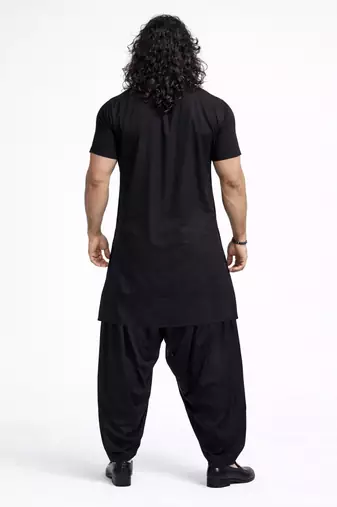 black solid cotton silk shirt collar short sleeve kurta with black silk blend patiala | festive party set