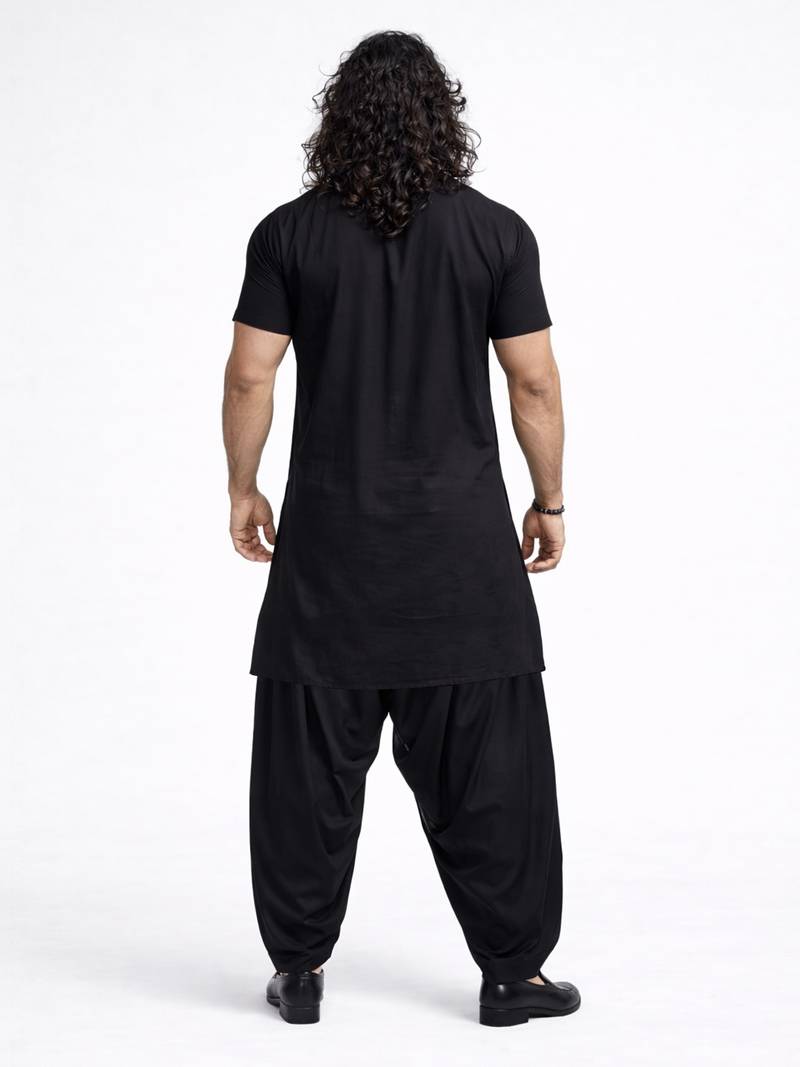 black solid cotton silk shirt collar short sleeve kurta with black silk blend patiala | festive party set