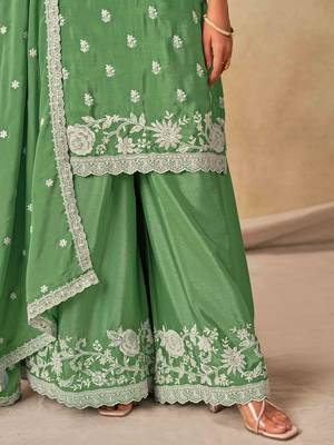 Green chinon heavy thread embroidery work palazzo suit 3